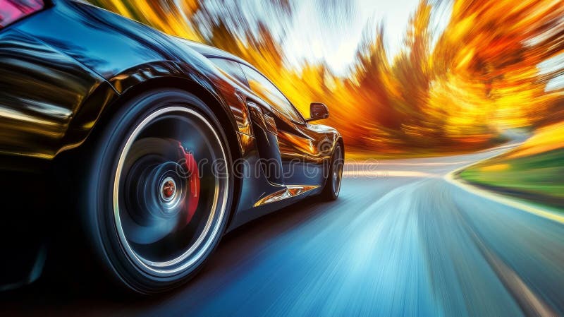 Rear close-up of sleek sports car driving through autumn forest royalty free stock photo
