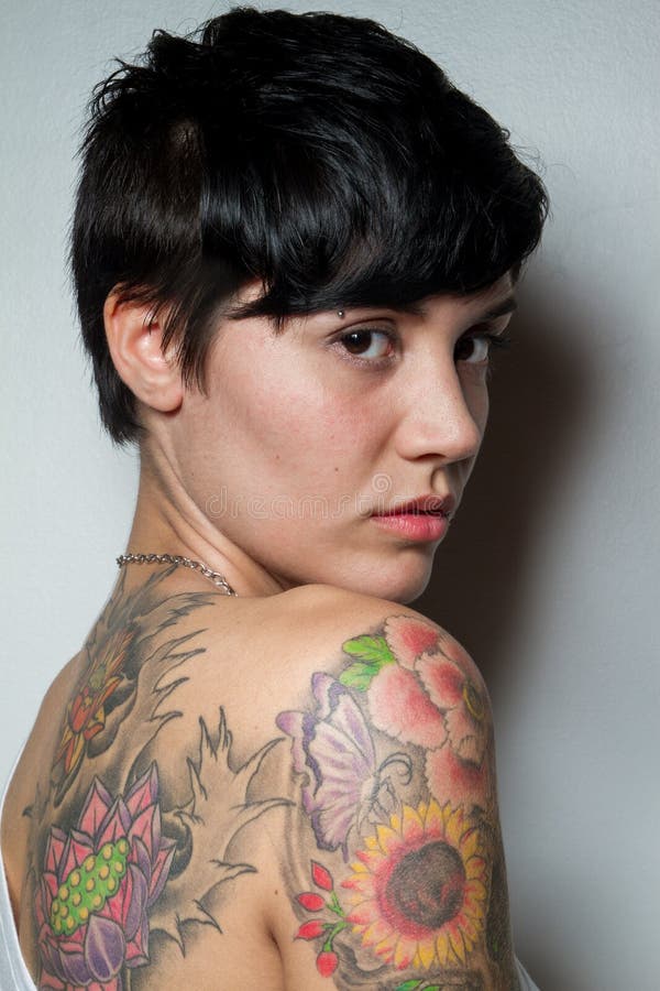 Rear View of a Beautiful Short-hair Brunette Woman with a Tattoo Stock ...