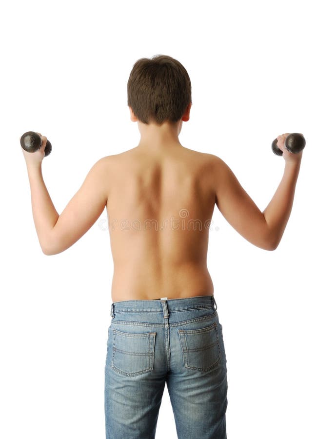 Rear view of boy with dumbbells. stock image Rear view of boy with dumbbells. stock image
