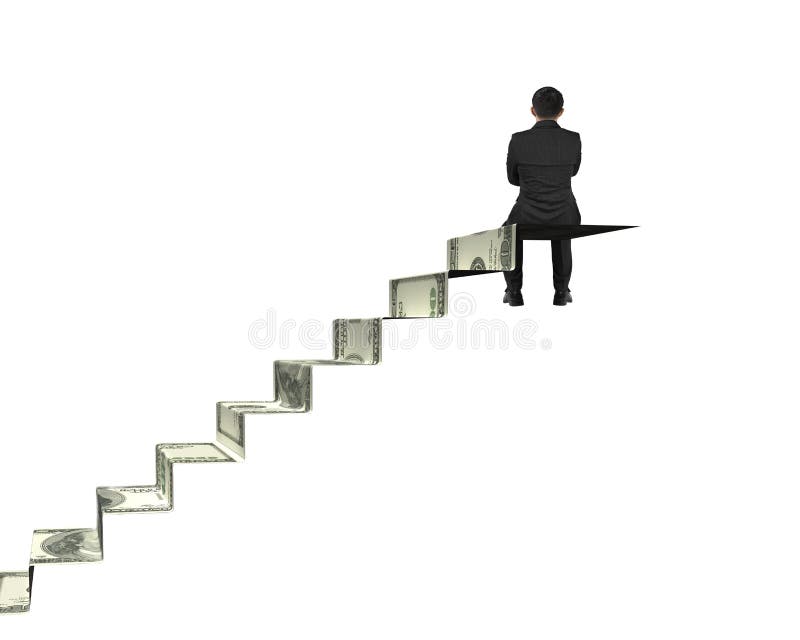 Rear view businessman sitting on top of money stairs stock images