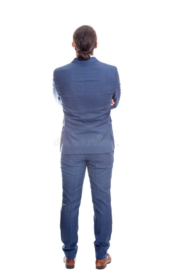 Rear view businessman in suit keeps arms crossed. Full length person isolated on white background. Backside business male body royalty free stock photos