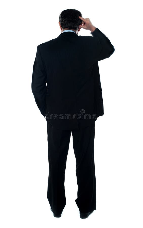 Rear view of corporate person thinking. Isolated over white