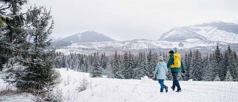 Zadní pohled na otce s malou dcerou na procházce venku v zimní přírodě, Tatry Slovensko.