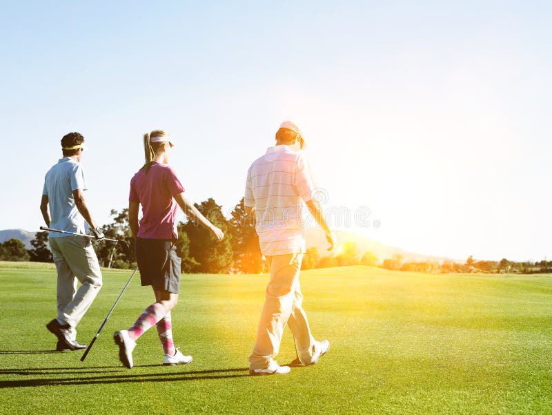 Rear view of friends golfing on sunny day