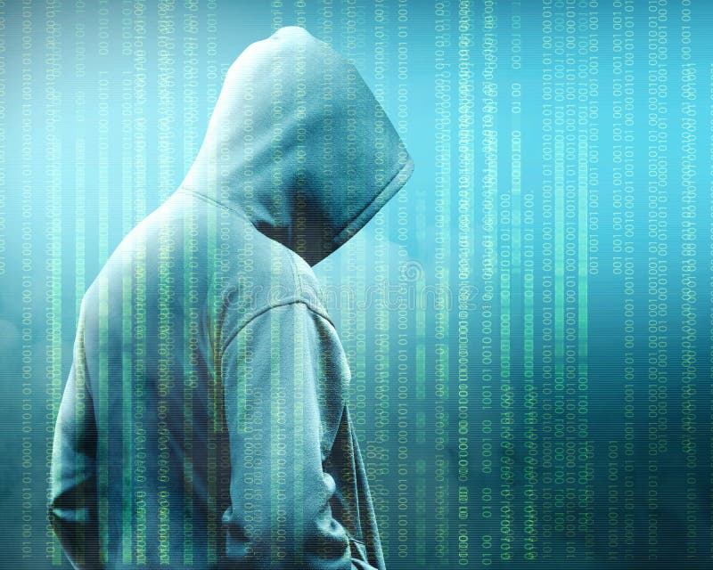 Rear view of hacker in black hoodie standing with binary code over green background