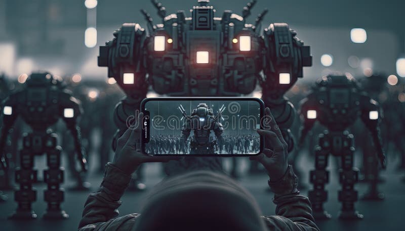 Rear view of a man taking a photo of a robot with a smartphone. Generative AI royalty free illustration