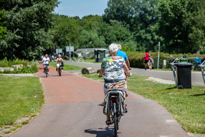 Rear view of a mature woman riding bike in a park royalty free stock photos Rear view of a mature woman riding bike in a park royalty free stock photos