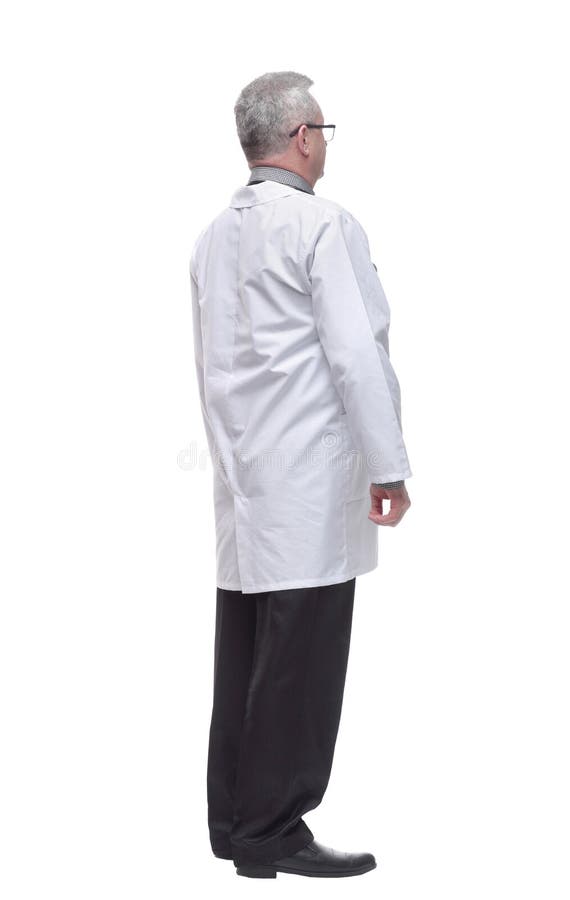 Rear view of medical doctor, man standing back wear doctors lab white coat