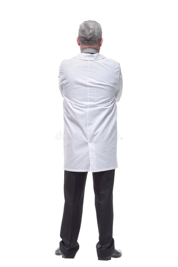 Rear view of medical doctor, man standing back wear doctors lab white coat. Isolated over white background