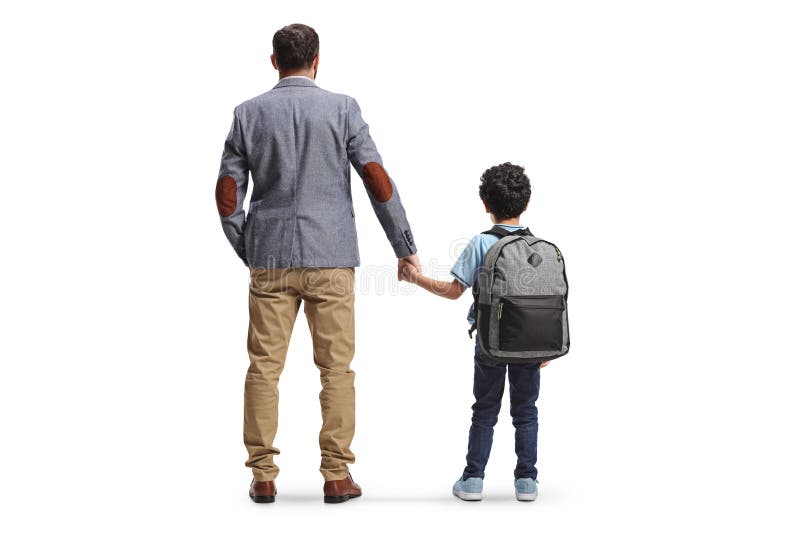 Rear view shot of a father and boy with school backpack holding hands stock images