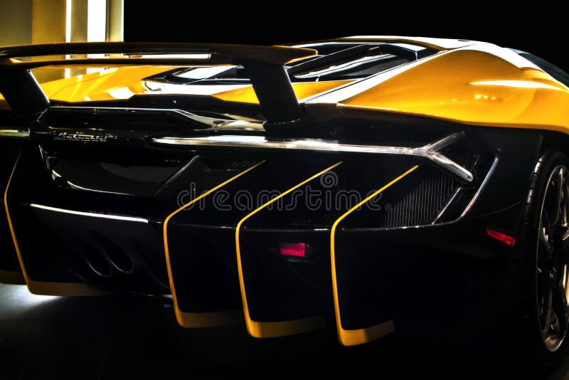 Rear view of yellow Lamborghini Centenario