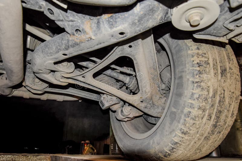 Rear Wheel of the Car with the Elements of the Suspension System Stock