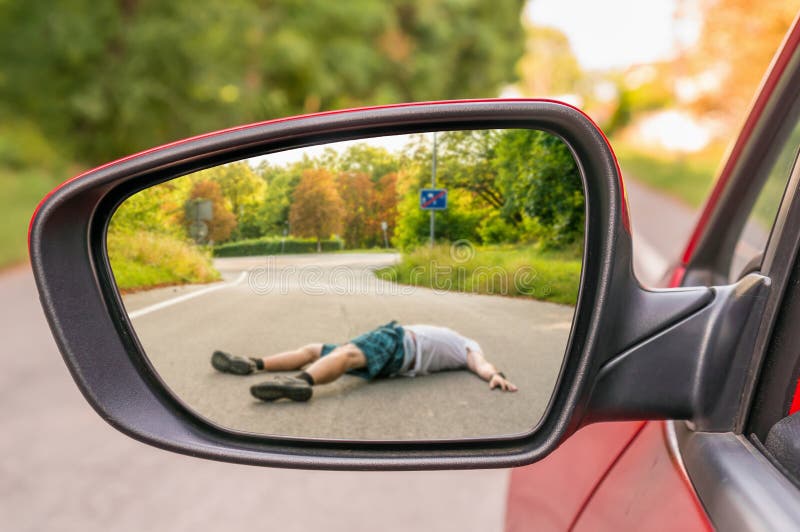 Rearview mirror with a man hit by a car