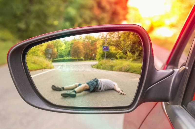 Rearview mirror with a man hit by a car