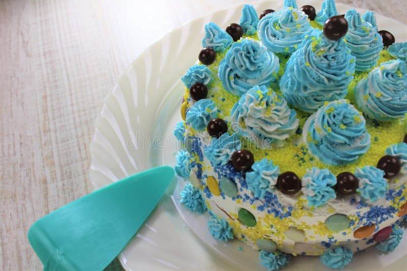 Rebanada deliciosa de la torta en una placa azul y blanca con las bolas del chocolate imagenes de archivo Rebanada deliciosa de la torta en una placa azul y blanca con las bolas del chocolate imagenes de archivo