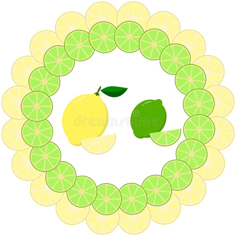 Rebanadas de limón y de cal en un marco redondo stock de ilustración Rebanadas de limón y de cal en un marco redondo stock de ilustración