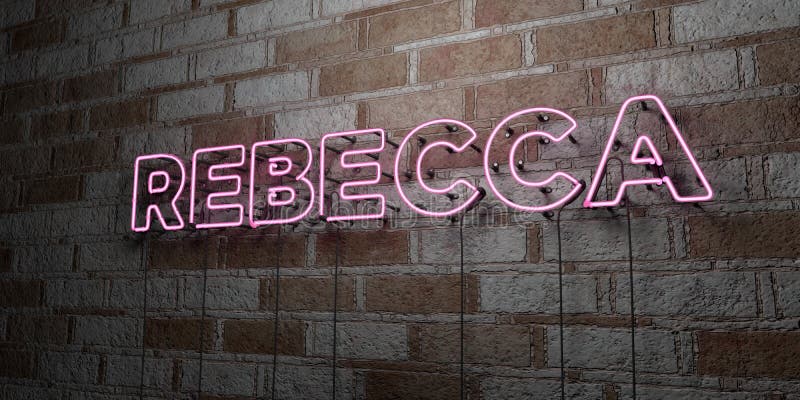 REBECCA - Rozjarzony Neonowy znak na kamieniarki ścianie - 3D odpłacająca się królewskości bezpłatna akcyjna ilustracja royalty ilustracja REBECCA - Rozjarzony Neonowy znak na kamieniarki ścianie - 3D odpłacająca się królewskości bezpłatna akcyjna ilustracja royalty ilustracja
