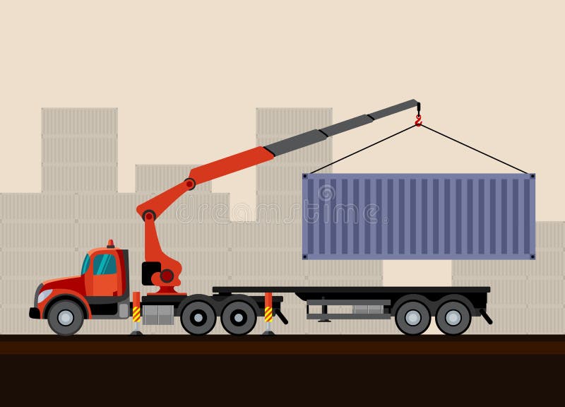 Crane truck loading container cargo box on trailer. Side view mobile crane truck vector illustration. Crane truck loading container cargo box on trailer. Side view mobile crane truck vector illustration