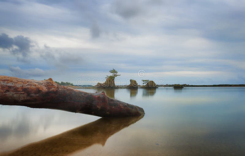 A receding storm leaves behind calm waters and deserted beach, littered with large pieces of driftwood and trees, in the early evening hours at Siletz Bay in Lincoln City Oregon. A receding storm leaves behind calm waters and deserted beach, littered with large pieces of driftwood and trees, in the early evening hours at Siletz Bay in Lincoln City Oregon