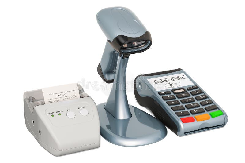 Receipt printer and barcode reader with POS-terminal, 3D rendering royalty free illustration
