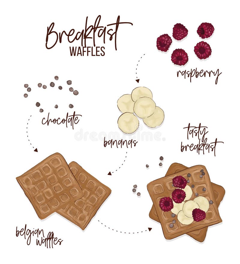 Vector belgian waffles recipe. Morning breakfast specials: mix chocolate, bananas, raspberry and waffles to get easy and fast meal. Best cooking idea for weekend. Homemade food sketch. Vector belgian waffles recipe. Morning breakfast specials: mix chocolate, bananas, raspberry and waffles to get easy and fast meal. Best cooking idea for weekend. Homemade food sketch