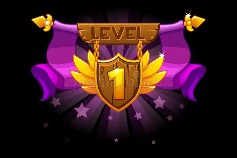 Receiving the cartoon achievement game screen. Level UP. Vector Award Shield icon. For game, user interface, banner royalty free illustration