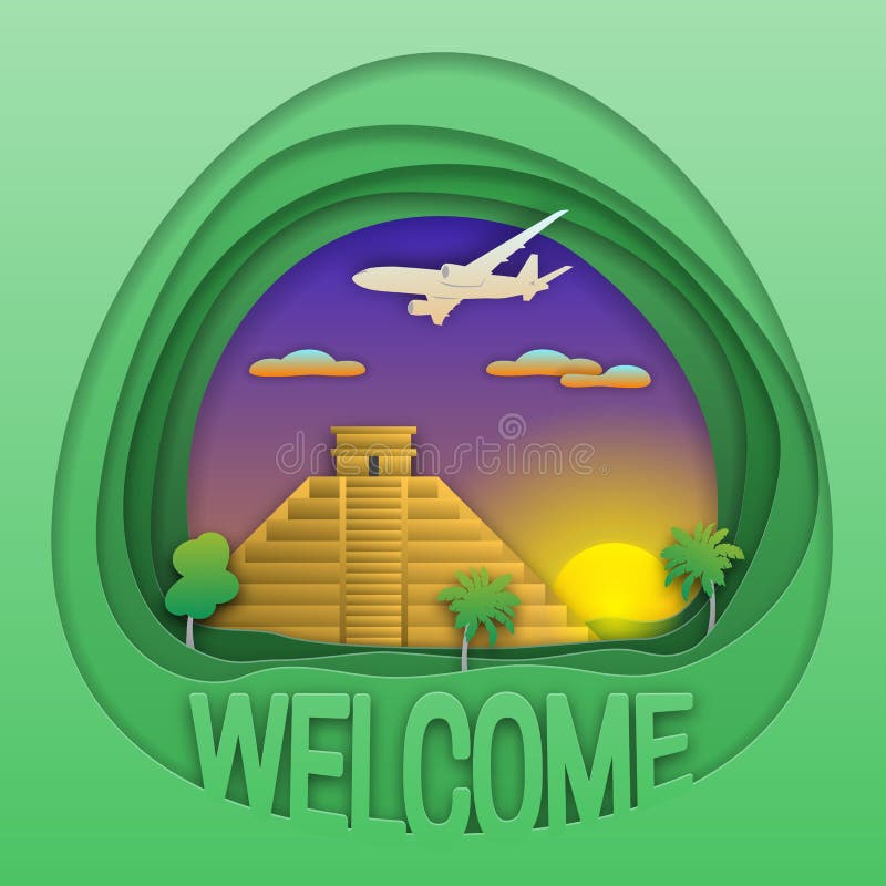 Recepción al emblema del concepto del viaje de Chichen Itza Puesta del sol, pirámide maya, árboles y aviones en el cielo ilustración del vector Recepción al emblema del concepto del viaje de Chichen Itza Puesta del sol, pirámide maya, árboles y aviones en el cielo ilustración del vector