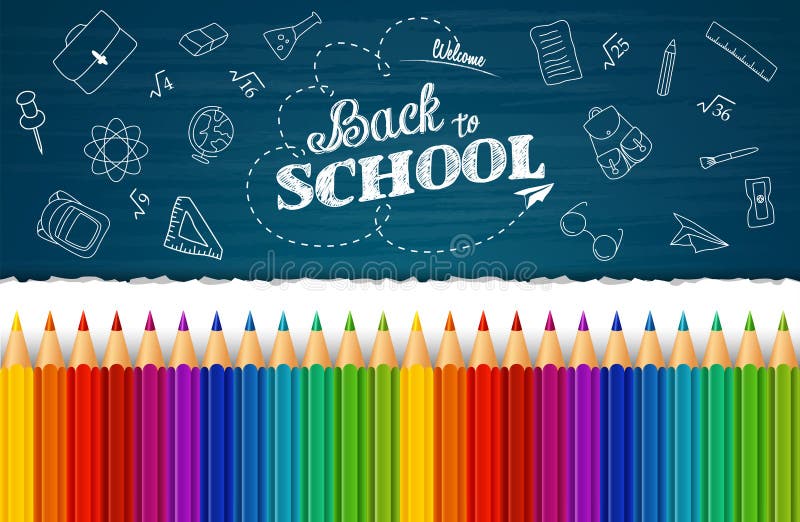 Recepción de nuevo a fondo de la escuela con los elementos dibujados mano del garabato y los lápices coloridos libre illustration Recepción de nuevo a fondo de la escuela con los elementos dibujados mano del garabato y los lápices coloridos libre illustration