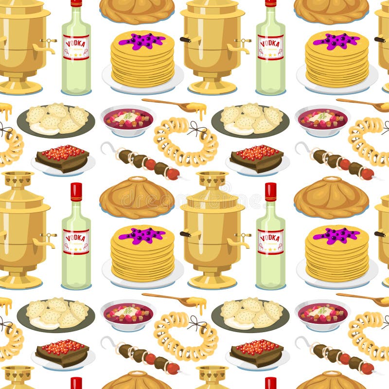 Recepción inconsútil de la comida del curso del plato de cultura del fondo del modelo de la cocina rusa tradicional a la comida n stock de ilustración Recepción inconsútil de la comida del curso del plato de cultura del fondo del modelo de la cocina rusa tradicional a la comida n stock de ilustración