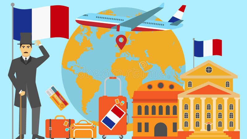Recepción a la postal de Francia Concepto del viaje y del safari de ejemplo del vector del mapa del mundo de Europa con la bander ilustración del vector Recepción a la postal de Francia Concepto del viaje y del safari de ejemplo del vector del mapa del mundo de Europa con la bander ilustración del vector