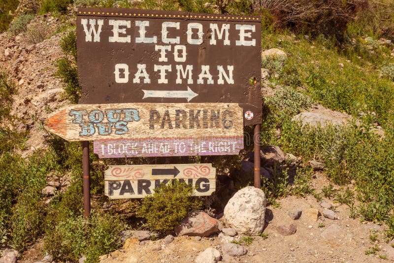 The sign for the town of Oatman on Route 66 in Arizona. The sign for the town of Oatman on Route 66 in Arizona.