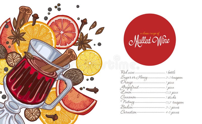 Recept av funderat vin i exponeringsglaset och delarna på en vit bakgrund stock illustrationer Recept av funderat vin i exponeringsglaset och delarna på en vit bakgrund stock illustrationer