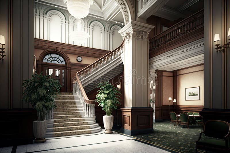 Reception Area, with Towering Ceiling and Grand Staircase, Surrounded