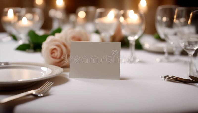Reception blank closeup tablecloth setting decoration placecard fork table place wedding white vector illustration