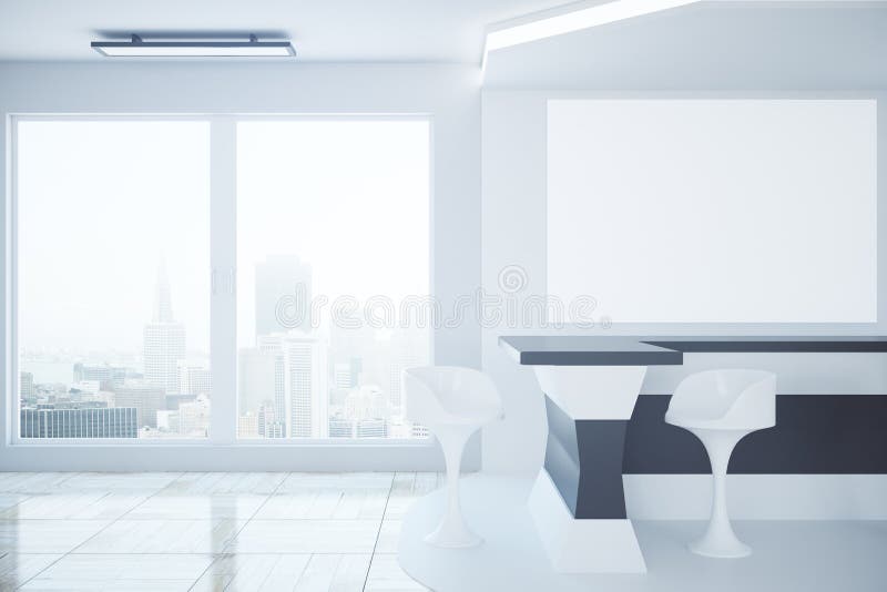 Reception desk with blank banner vector illustration