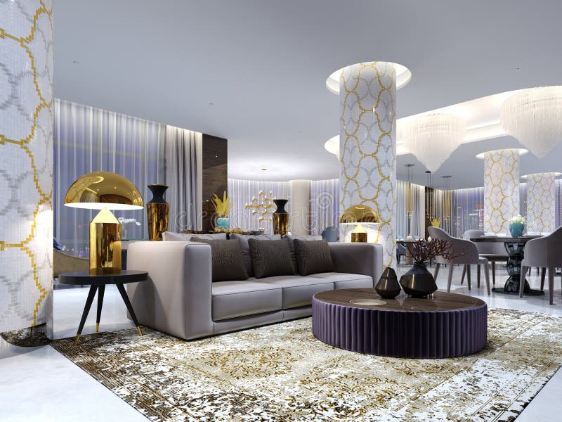 Reception and lounge area in hotel, Luxury sofa with two armchair with side tables with golden lamps and coffee table vector illustration Reception and lounge area in hotel, Luxury sofa with two armchair with side tables with golden lamps and coffee table vector illustration