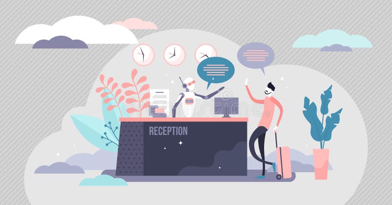 Reception robot automation process, flat tiny person vector illustration stock illustration