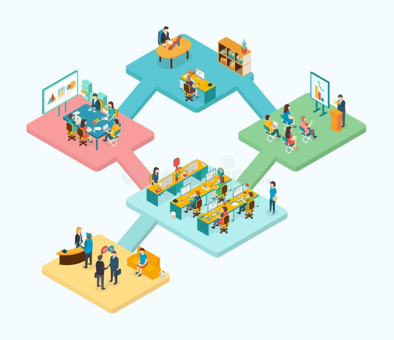 Reception, training, meeting room, office room, open space, top management concept. royalty free illustration