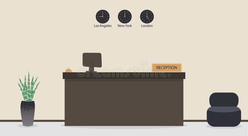 Reception vuota in hotel o in banca, posto di lavoro del receptionist Sala di attesa, corridoio nell'ufficio di affari, interno m illustrazione di stock Reception vuota in hotel o in banca, posto di lavoro del receptionist Sala di attesa, corridoio nell'ufficio di affari, interno m illustrazione di stock