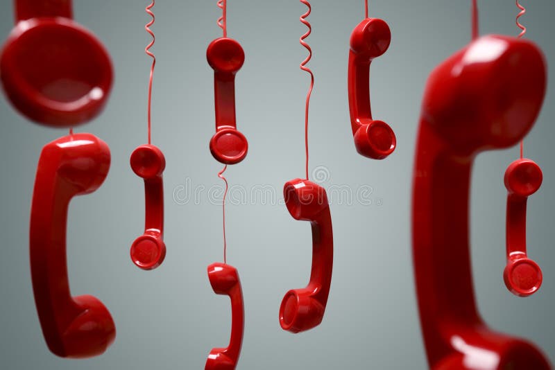 Red telephone receiver hanging over gray background concept for on the phone, on hold or contact us. Red telephone receiver hanging over gray background concept for on the phone, on hold or contact us