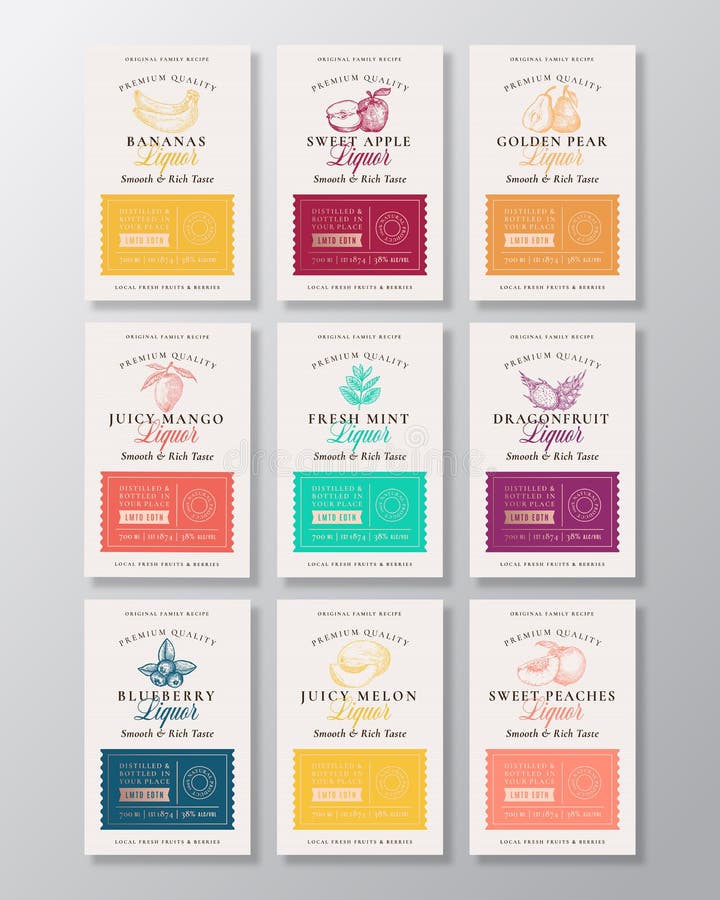 Family Recipe Fruit, Berries and Spices Liquor Acohol Labels Collection. Abstract Vector Packaging Design Layouts Set. Modern Typography Banners with Hand Drawn Logo and Background. Isolated. Family Recipe Fruit, Berries and Spices Liquor Acohol Labels Collection. Abstract Vector Packaging Design Layouts Set. Modern Typography Banners with Hand Drawn Logo and Background. Isolated.