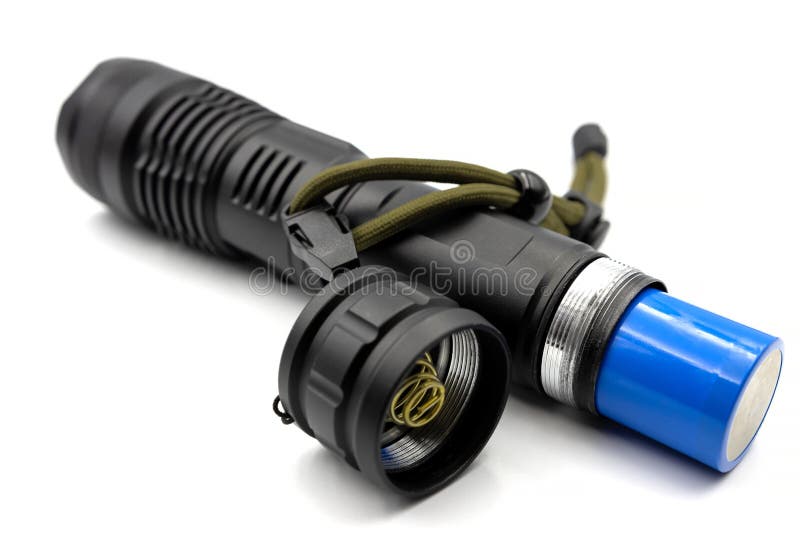 Rechargeable Battery for Flashlight. Black Metallic Led Flashlight