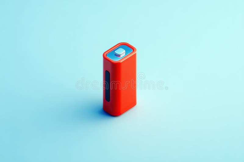 Rechargeable battery stands upright on a light blue surface showcasing modern design and vibrant color scheme stock photos