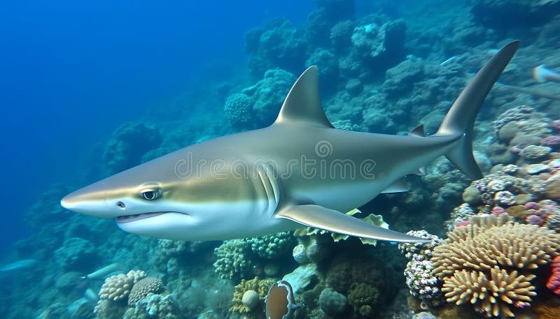 Rechinul înoată grațios deasupra recifului coral, albastru-limpede, sub apă, viață oceanică Stock Photo Generative AI royalty free illustration