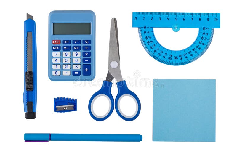 Rechner und andere Briefpapierwerkzeuge der blauen Farbe lokalisiert auf Weiß lizenzfreie stockbilder Rechner und andere Briefpapierwerkzeuge der blauen Farbe lokalisiert auf Weiß lizenzfreie stockbilder
