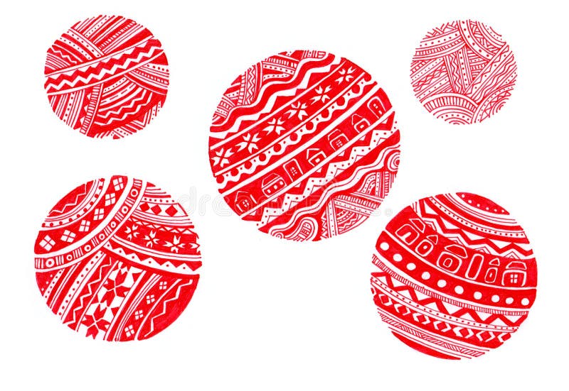 Set of circles isolated on white background, filled with red ornament. Christmas decor. The ornament consists of various geometric elements. Straight and wavy lines, zigzags, dots, snowflakes, houses.