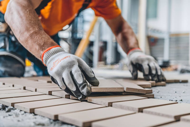 Rechteckige Kacheln mit Handschuhen in perfekter Ausrichtung platzieren, wobei der Schwerpunkt auf Handarbeit liegt. stock abbildung