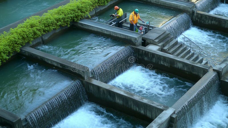 Rechteckige Wasserfiltrationssysteme mit Kaskadenschritten und fließendem Wasser vektor abbildung