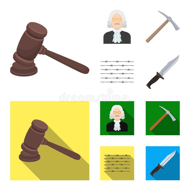 Rechter, houten hamer, prikkeldraad, pikhouweel Pictogrammen van de gevangenis de vastgestelde inzameling in beeldverhaal, de vla stock illustratie Rechter, houten hamer, prikkeldraad, pikhouweel Pictogrammen van de gevangenis de vastgestelde inzameling in beeldverhaal, de vla stock illustratie