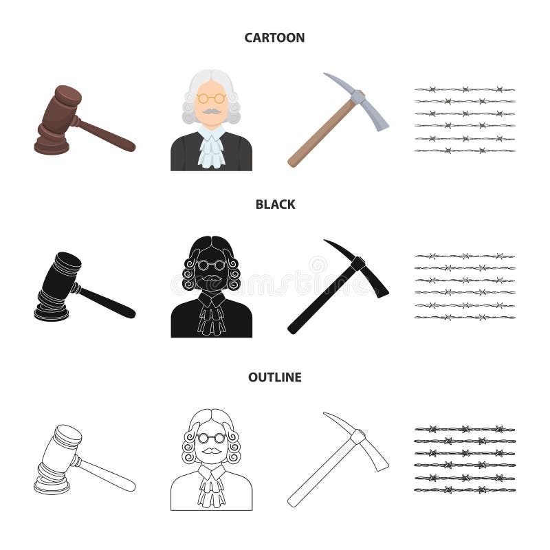 Rechter, houten hamer, prikkeldraad, pikhouweel Pictogrammen van de gevangenis de vastgestelde inzameling in beeldverhaal, zwarte vector illustratie Rechter, houten hamer, prikkeldraad, pikhouweel Pictogrammen van de gevangenis de vastgestelde inzameling in beeldverhaal, zwarte vector illustratie
